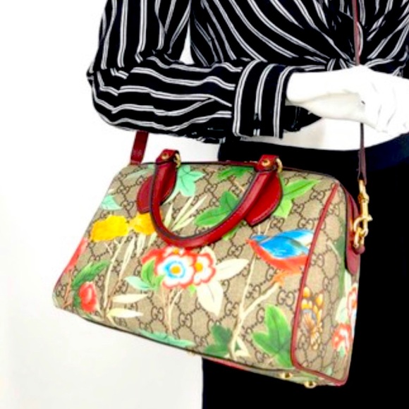 Gucci Boston Tian Medium Blooms Multicolor 38294 Brown Gg Supreme Canvas Satchel - Picture 2 of 12